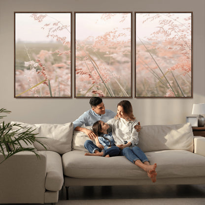 Soft pastel field with wild grasses in warm light, ideal for minimal nature or airy countryside-inspired interior wall decoration.