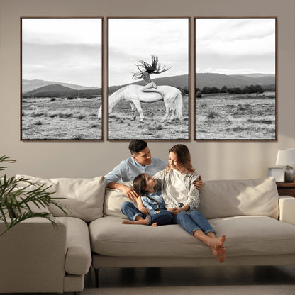 Black and white photo of a woman on a white horse in moody tones, ideal for Western Boho or modern rustic-style home decor.