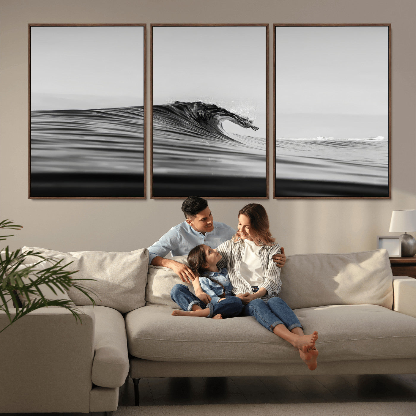 Striking black and white photo of a curling wave, ideal for modern coastal or minimalist wall decor settings.