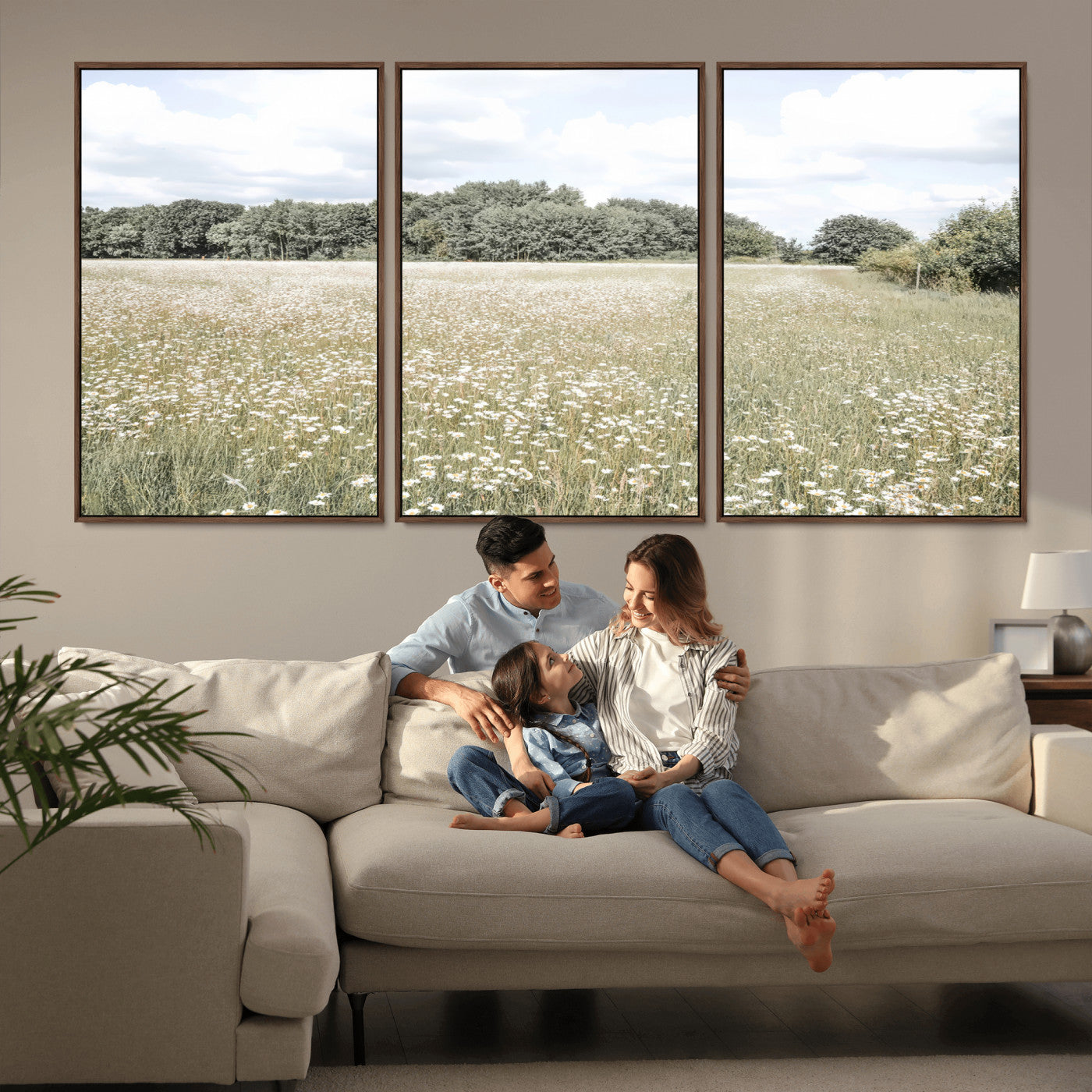 Soft-toned image of a wild daisy field under a cloudy sky, ideal for neutral or Scandinavian-inspired home decor.