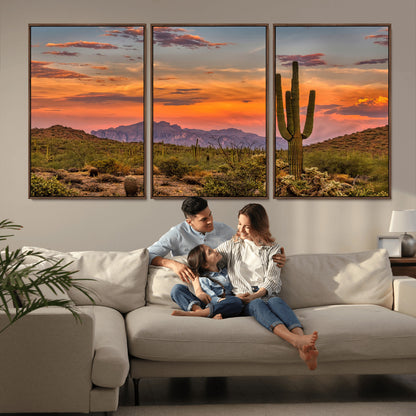 Vibrant desert sunset with saguaro cacti and distant mountains, perfect for Southwestern or warm-toned home decor.