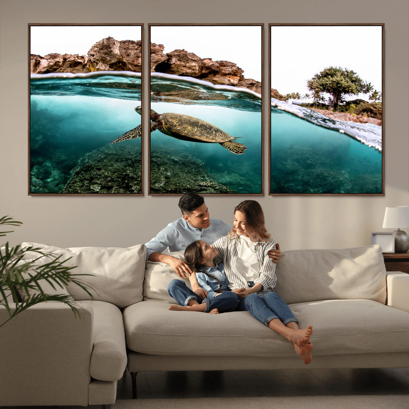 Dynamic split-view photo of a sea turtle swimming near rocky shores, perfect for vibrant coastal or tropical beach home decor.