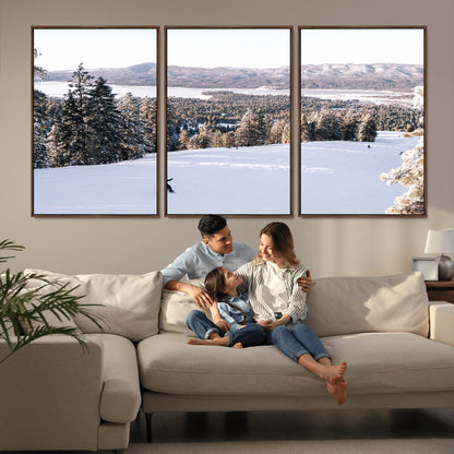 Canvas of a snowy mountain ski slope with pine trees and bright winter light, ideal for modern rustic or alpine-inspired home decor.