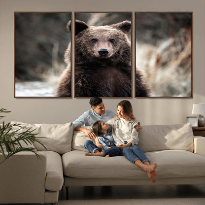 Canvas of a brown bear in soft earthy tones and moody forest light, ideal for rustic cabin or woodland nature-themed home decor.