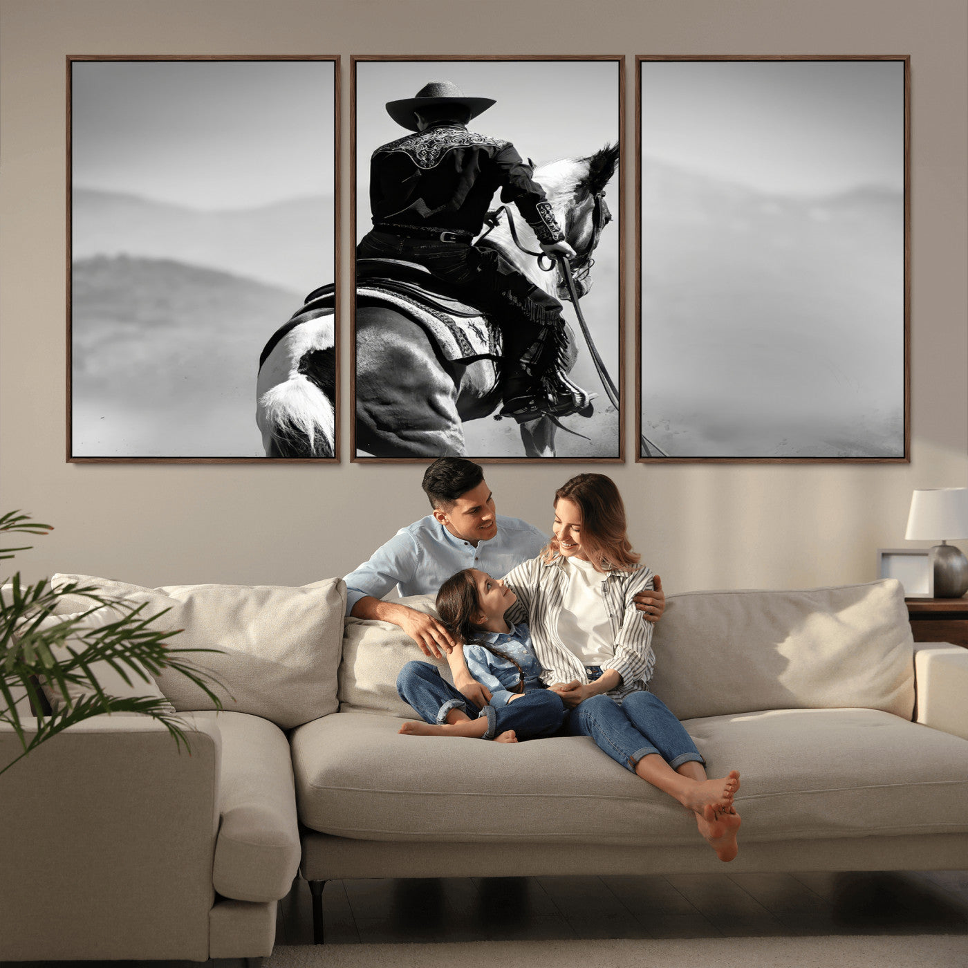 Black and white canvas of a cowboy on horseback with moody tones, perfect for rustic western or country-inspired home decor.