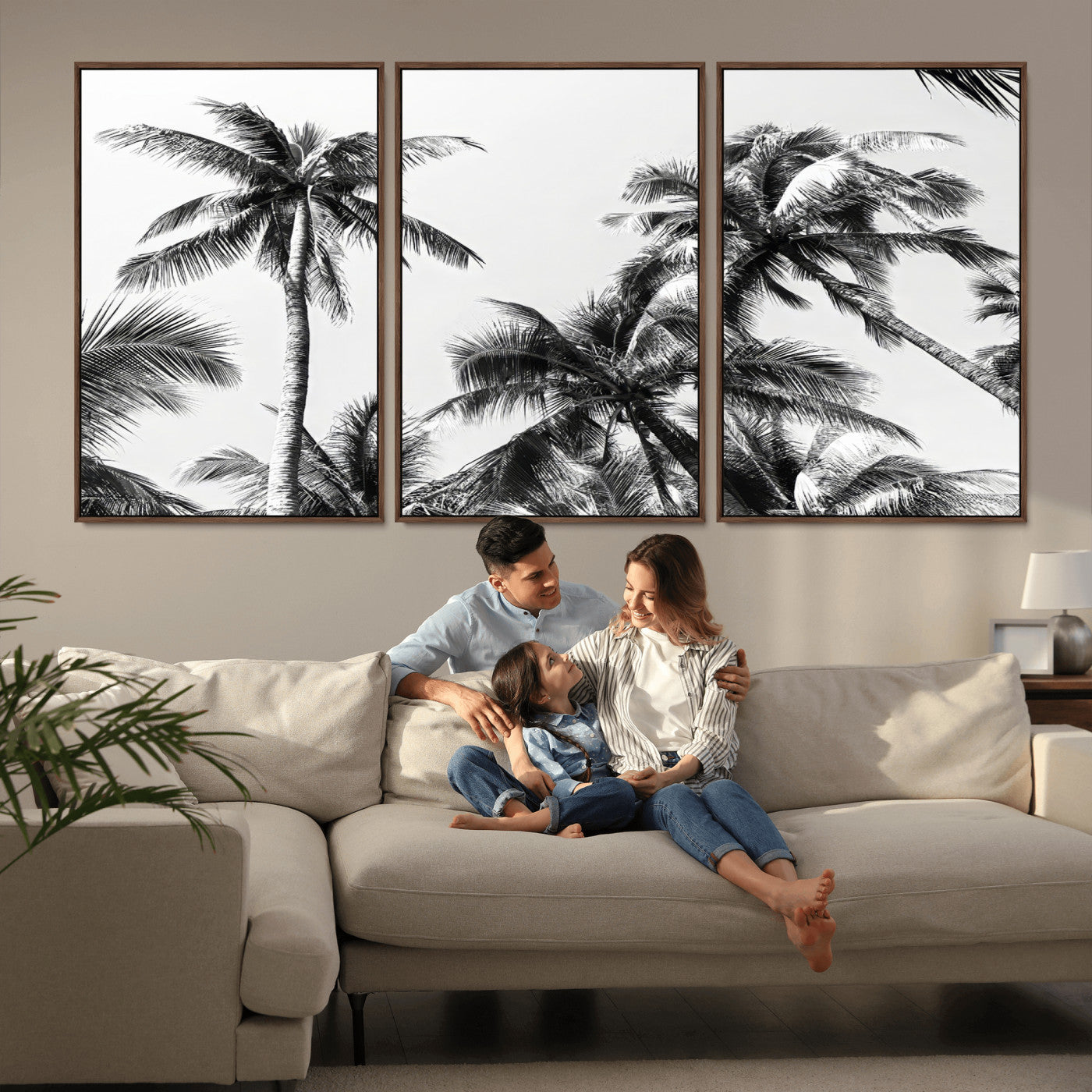 Black and white canvas of tall palm trees in moody tones, perfect for modern tropical minimalist or coastal-style home decor.