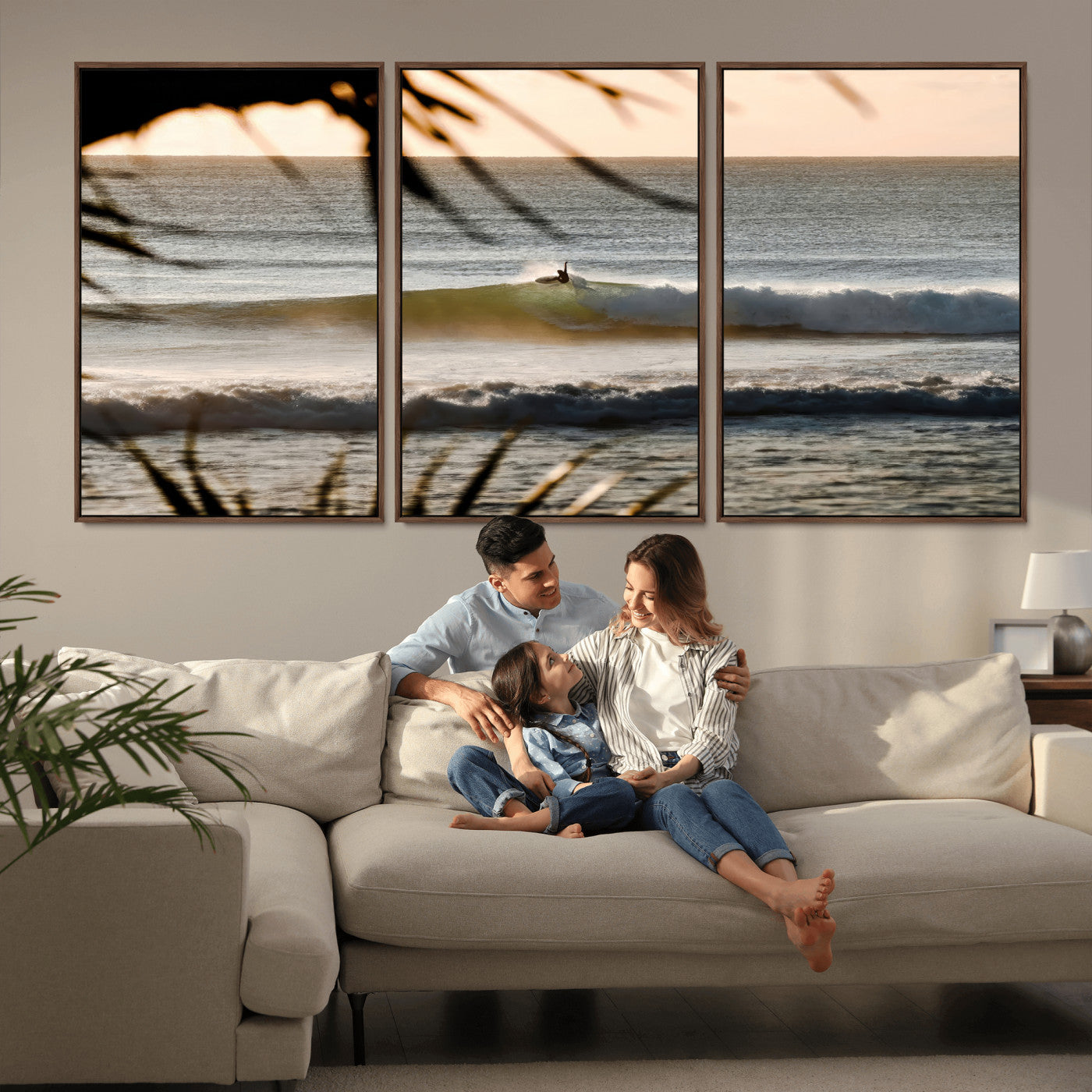 Photo of a surfer riding a golden hour wave at sunset, with tropical tones and dreamy light, perfect for tropical boho or coastal home decor.