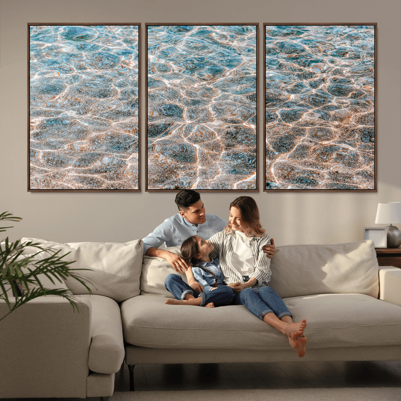 Close-up of sunlit ocean ripples with aqua blue and golden tones, ideal for modern coastal or minimalist home decor.