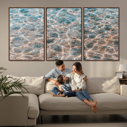 Close-up of sunlit ocean ripples with aqua blue and golden tones, ideal for modern coastal or minimalist home decor.