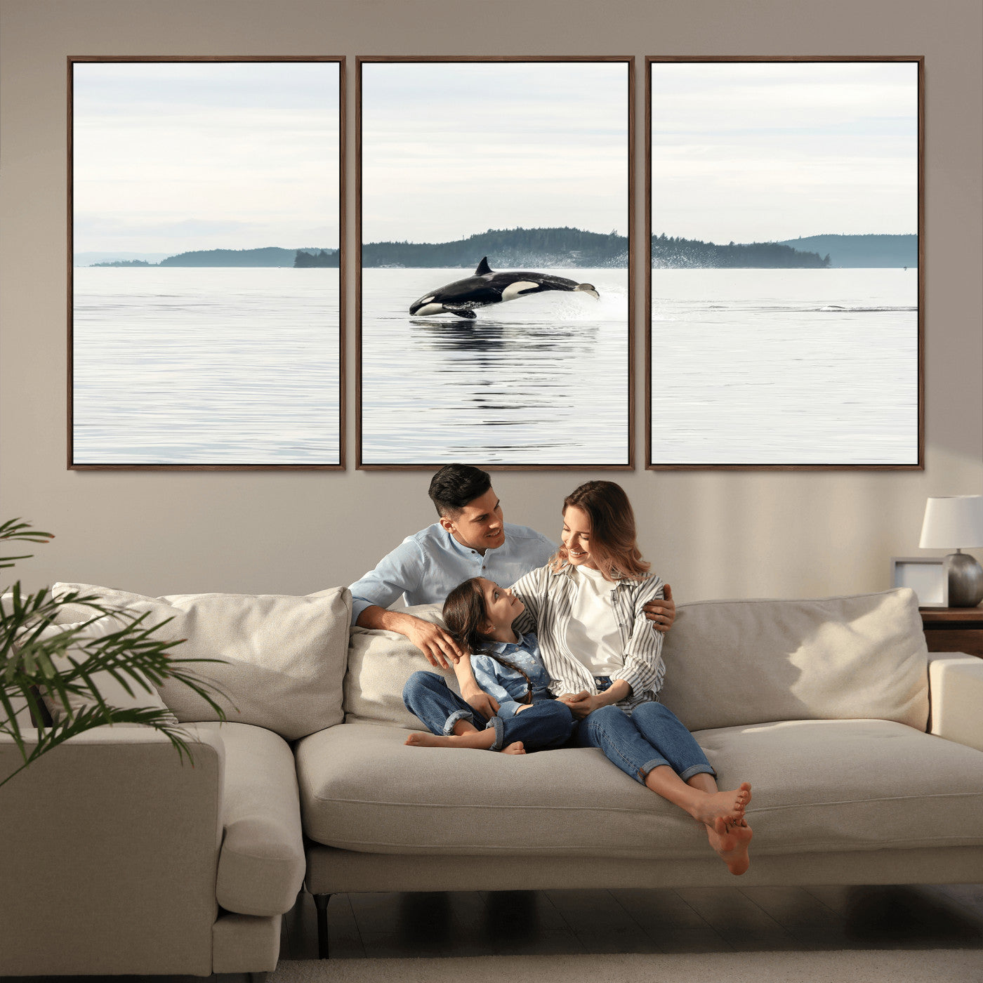 An orca jumping out of calm ocean waters with a misty island in the background, creating a serene and minimalist marine wildlife scene.