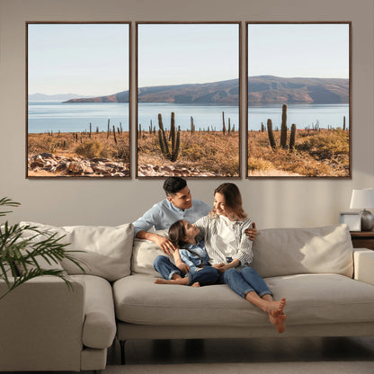 Warm desert landscape with cacti and coastal mountains, perfect for southwestern or earthy calm-themed home wall decor.