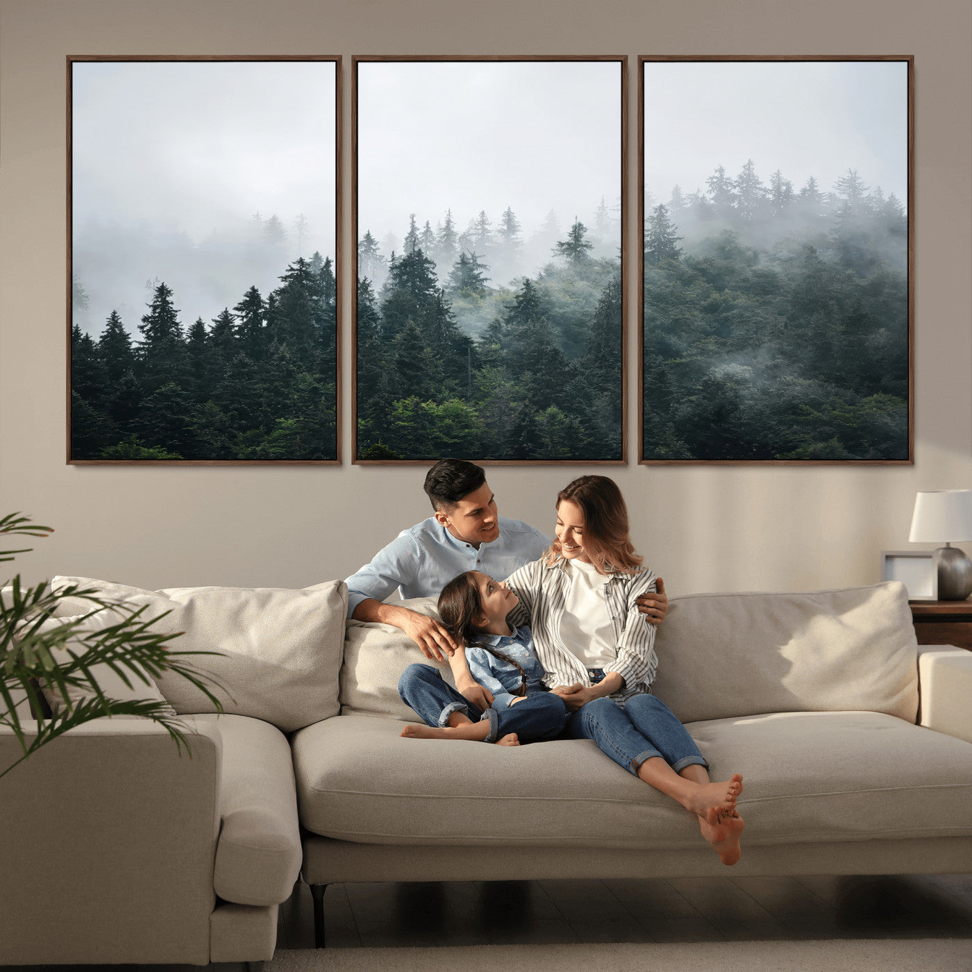 A misty evergreen forest shrouded in soft fog, creating a tranquil and moody landscape with lush green trees fading into the distance.
