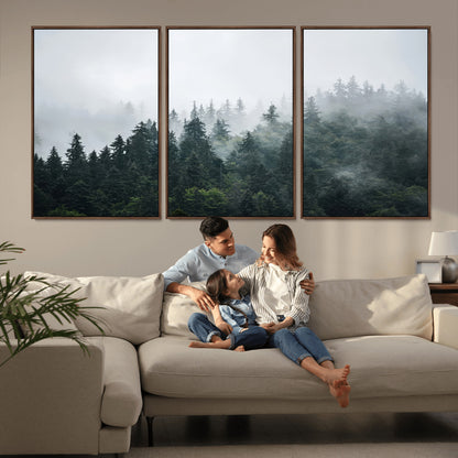 A misty evergreen forest shrouded in soft fog, creating a tranquil and moody landscape with lush green trees fading into the distance.