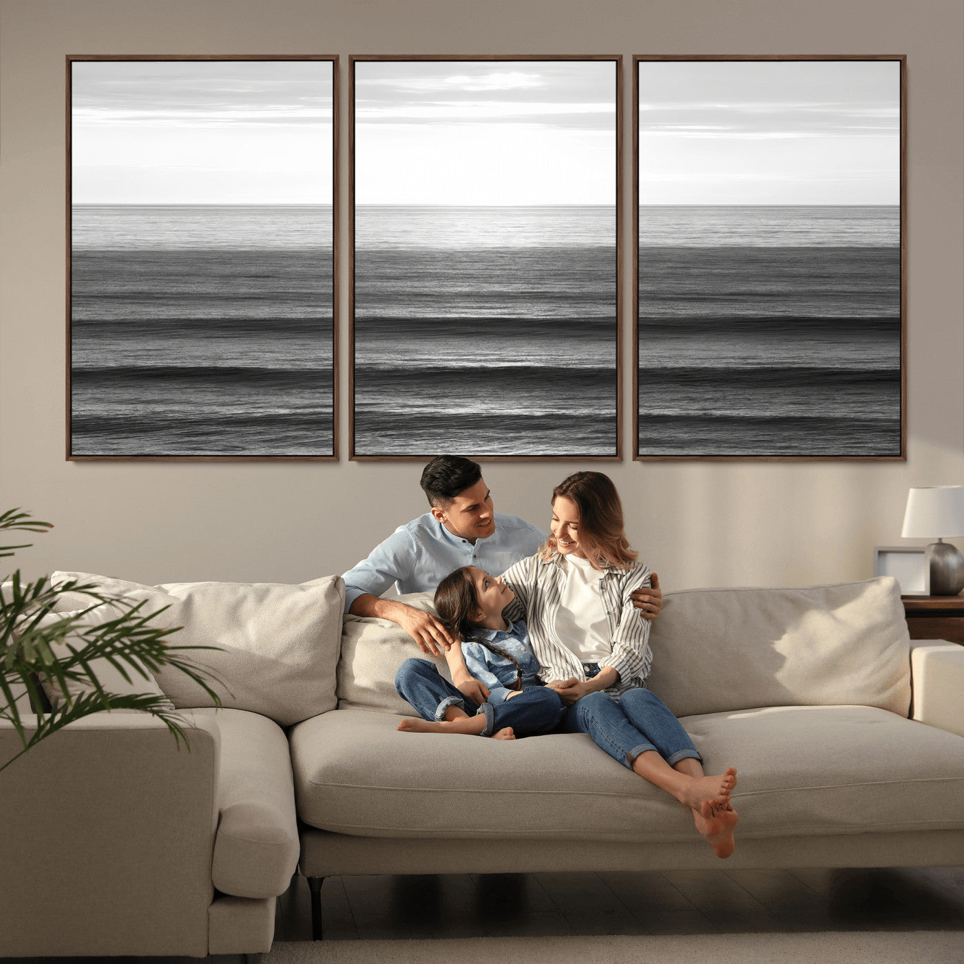 Minimalist black and white ocean view with layered waves reflecting sunlight, evoking a sense of calm and coastal serenity.