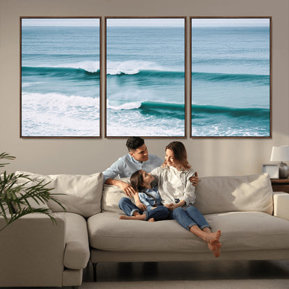 Powerful ocean waves rolling towards the shore, their turquoise hues blending with white sea foam under an open horizon, capturing the essence of the ocean's movement.