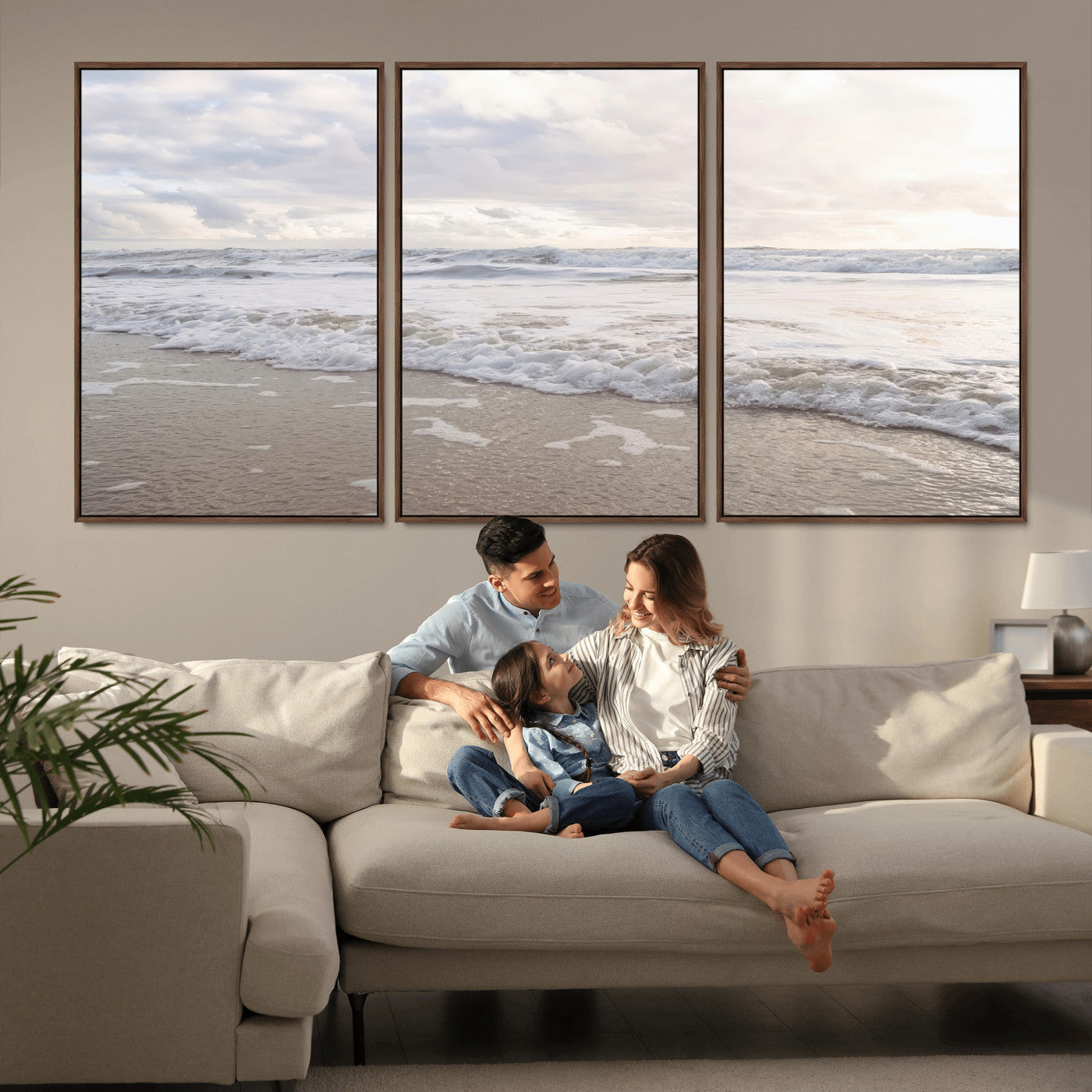 Peaceful ocean waves rolling onto the sandy shore under soft light, perfect for neutral or coastal minimalist decor themes.
