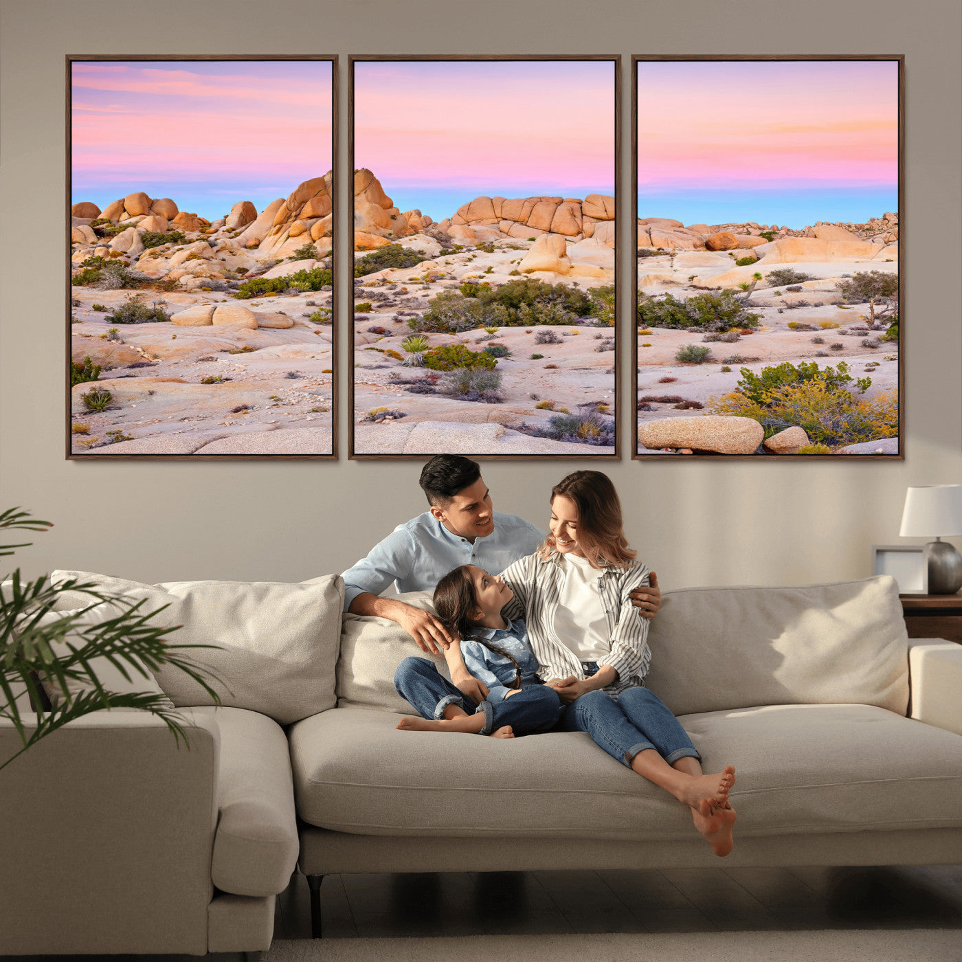 A breathtaking desert landscape featuring rugged rock formations under a vibrant pastel sunset sky, capturing the warmth and serenity of a Southwestern wilderness.