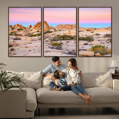 A breathtaking desert landscape featuring rugged rock formations under a vibrant pastel sunset sky, capturing the warmth and serenity of a Southwestern wilderness.