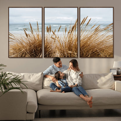 Canvas of golden beach grass swaying by the ocean under a soft cloudy sky, perfect for neutral-toned or coastal minimalist decor.