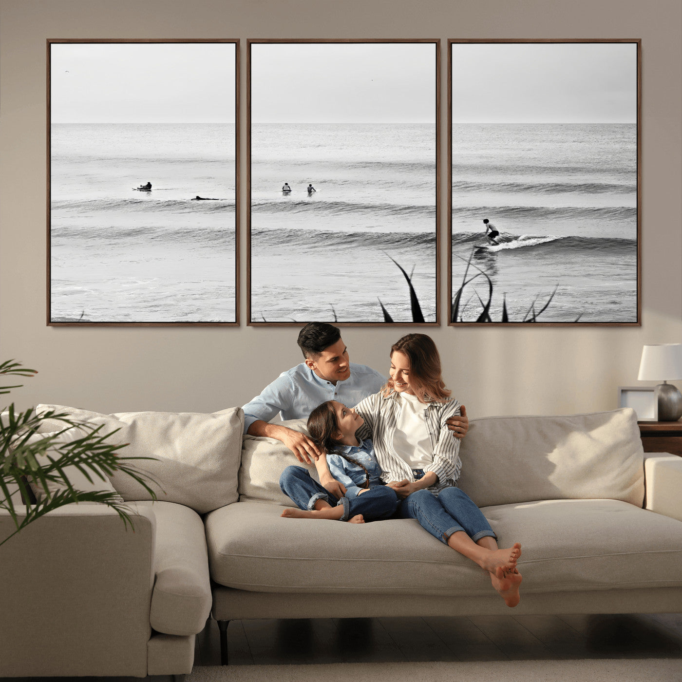 Monochrome canvas of surfers on calm ocean waves, ideal for minimalist coastal or beach-inspired interior decor.