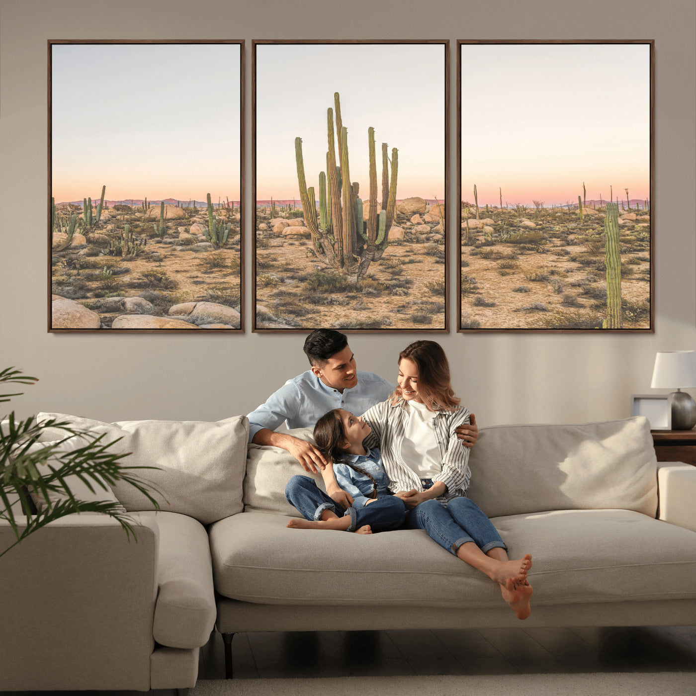 Canvas of tall desert cacti in warm sunset tones over a rocky Baja landscape, ideal for earthy or Southwestern-style home decor.