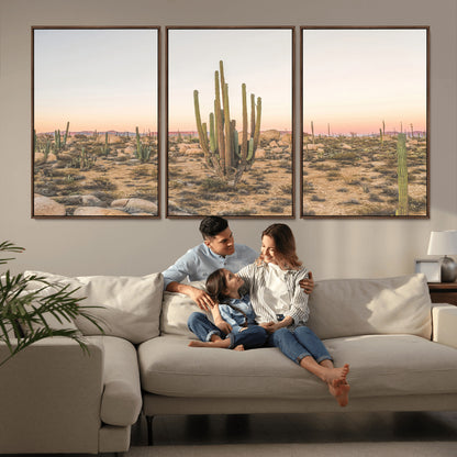 Canvas of tall desert cacti in warm sunset tones over a rocky Baja landscape, ideal for earthy or Southwestern-style home decor.