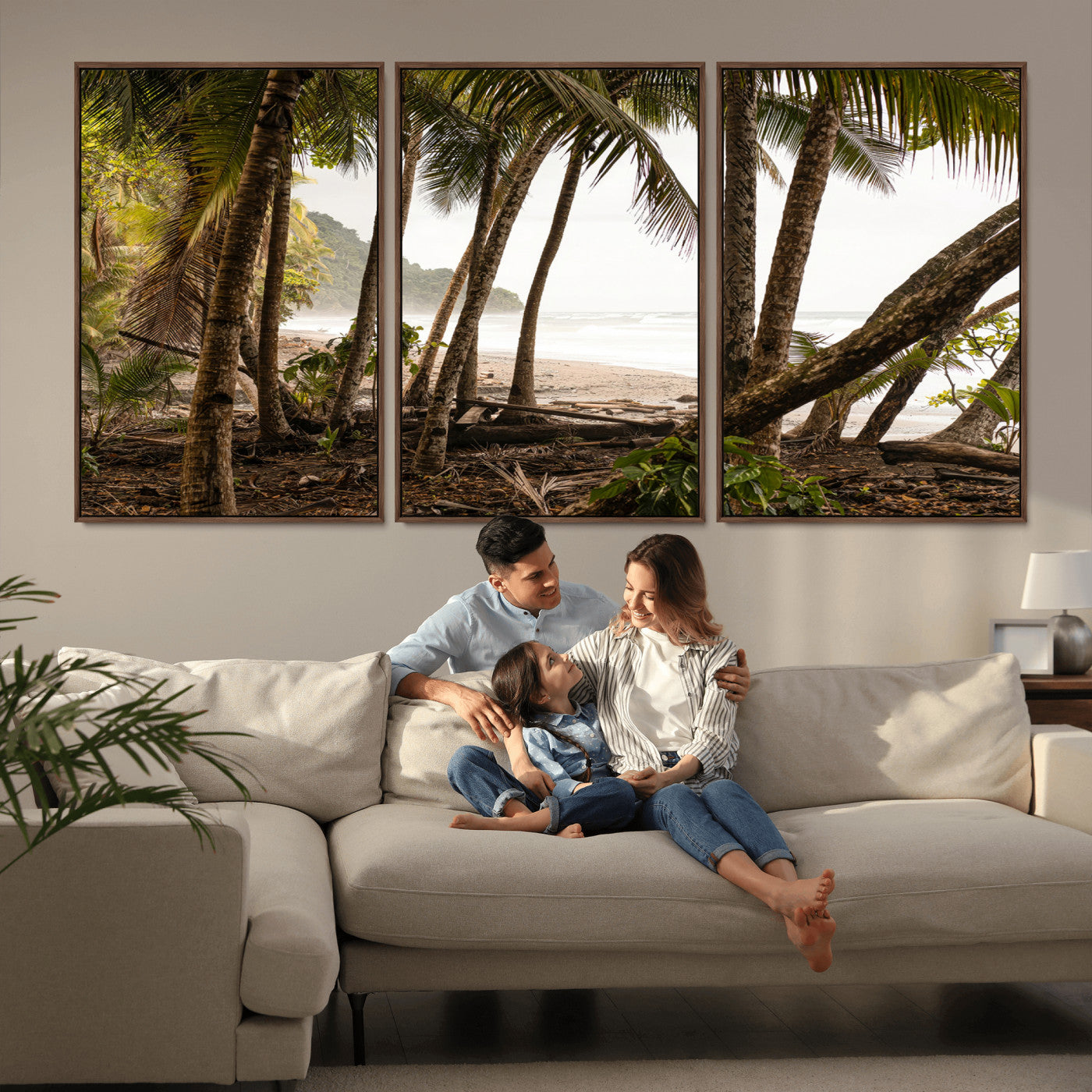 Dense tropical palm trees framing a sandy beach and ocean shore, ideal for jungle or coastal themed interior wall decor.