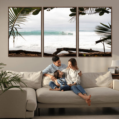 Tropical beach view with palm trees and surfer riding a wave, perfect for boho or coastal-inspired interior wall decor.