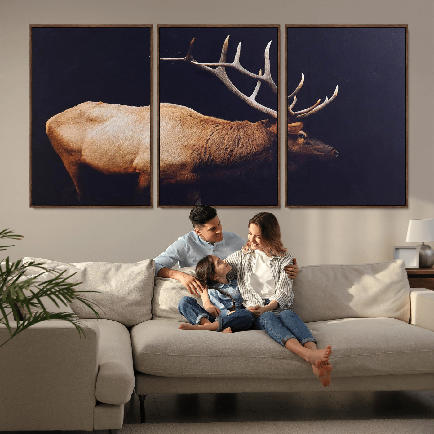 Side profile of an elk with large antlers on dark background, creating a bold rustic statement for cabin or Western-themed decor.