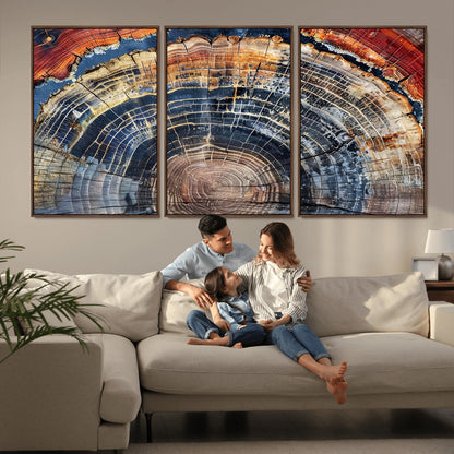 Vibrant tree ring with orange, brown, and blue tones in abstract detail, perfect for rustic or boho-inspired wall decor.