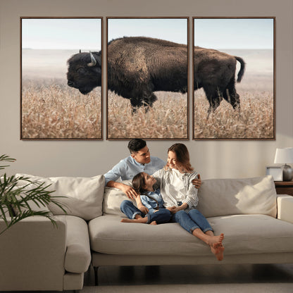 A lone bison stands in a vast prairie under a soft sky, evoking freedom and rustic charm for western or farmhouse inspired interiors.