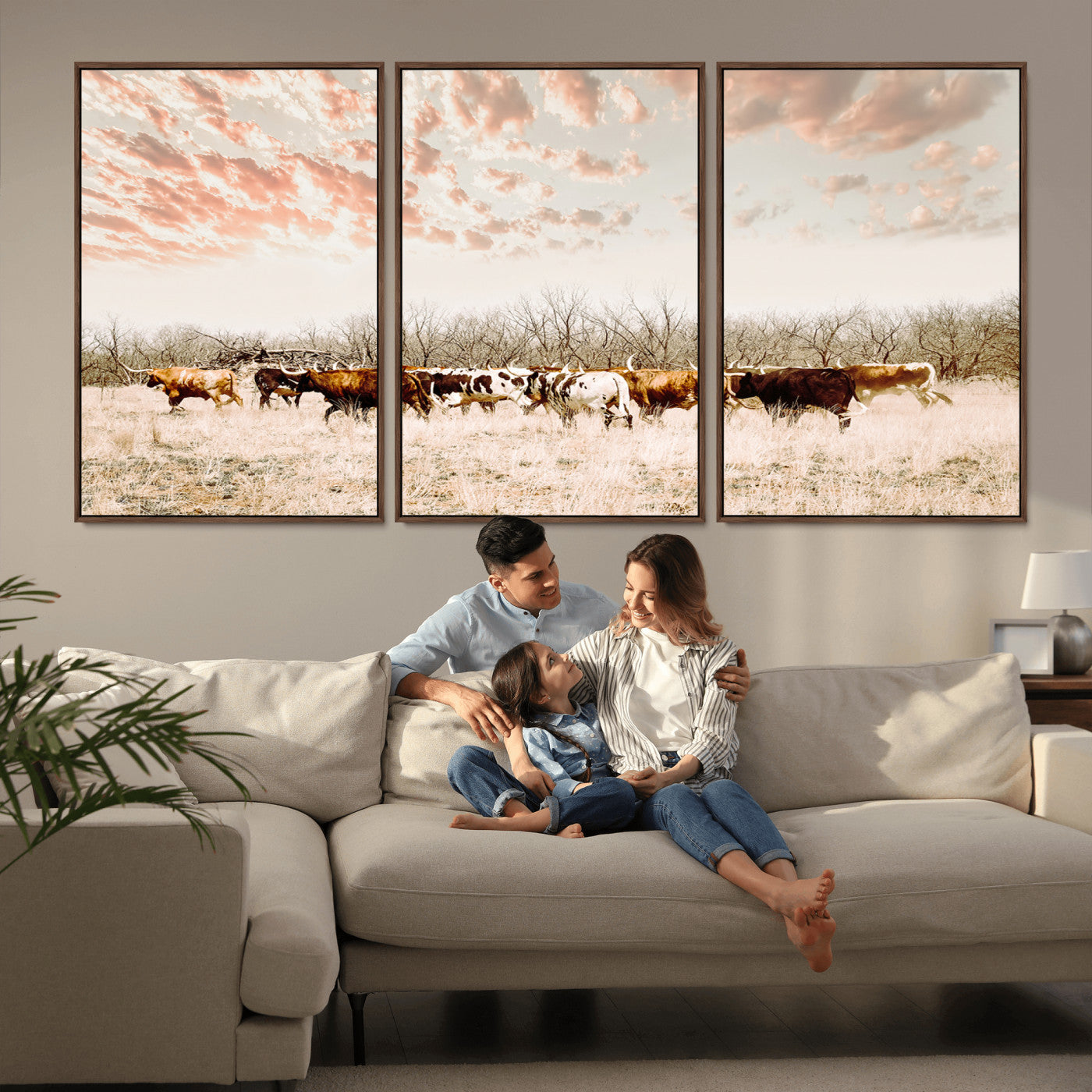 Cattle herd in a soft-toned field under a pastel pink sky, creating a peaceful rustic feel, perfect for farmhouse or western-themed spaces.