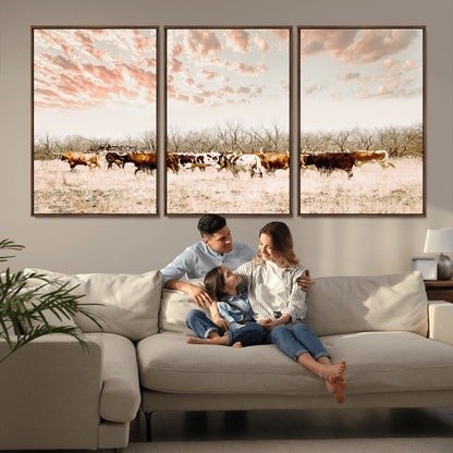 Cattle herd in a soft-toned field under a pastel pink sky, creating a peaceful rustic feel, perfect for farmhouse or western-themed spaces.