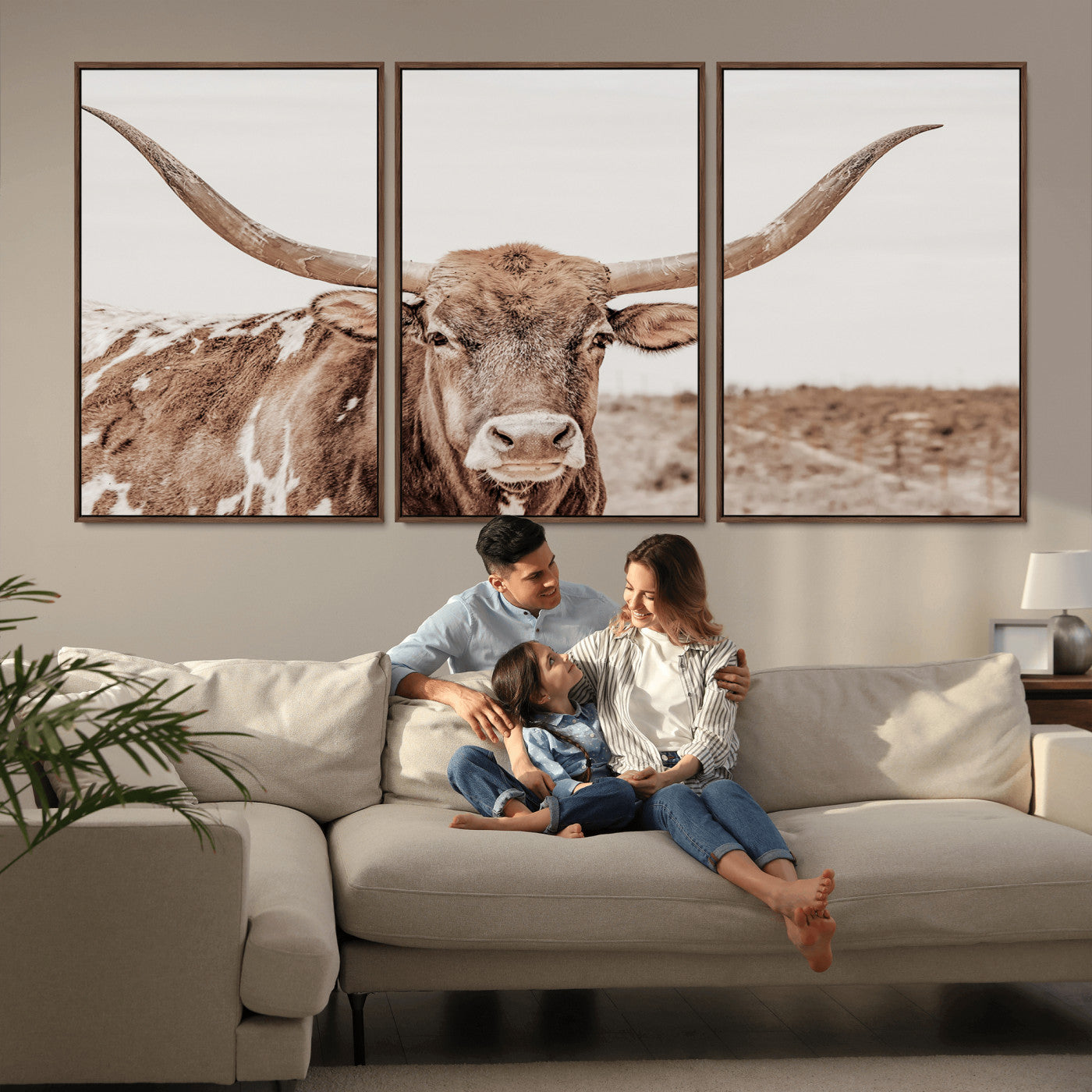 A longhorn cow in soft beige desert tones, standing calmly in open land, perfect for neutral western or rustic farmhouse interiors.