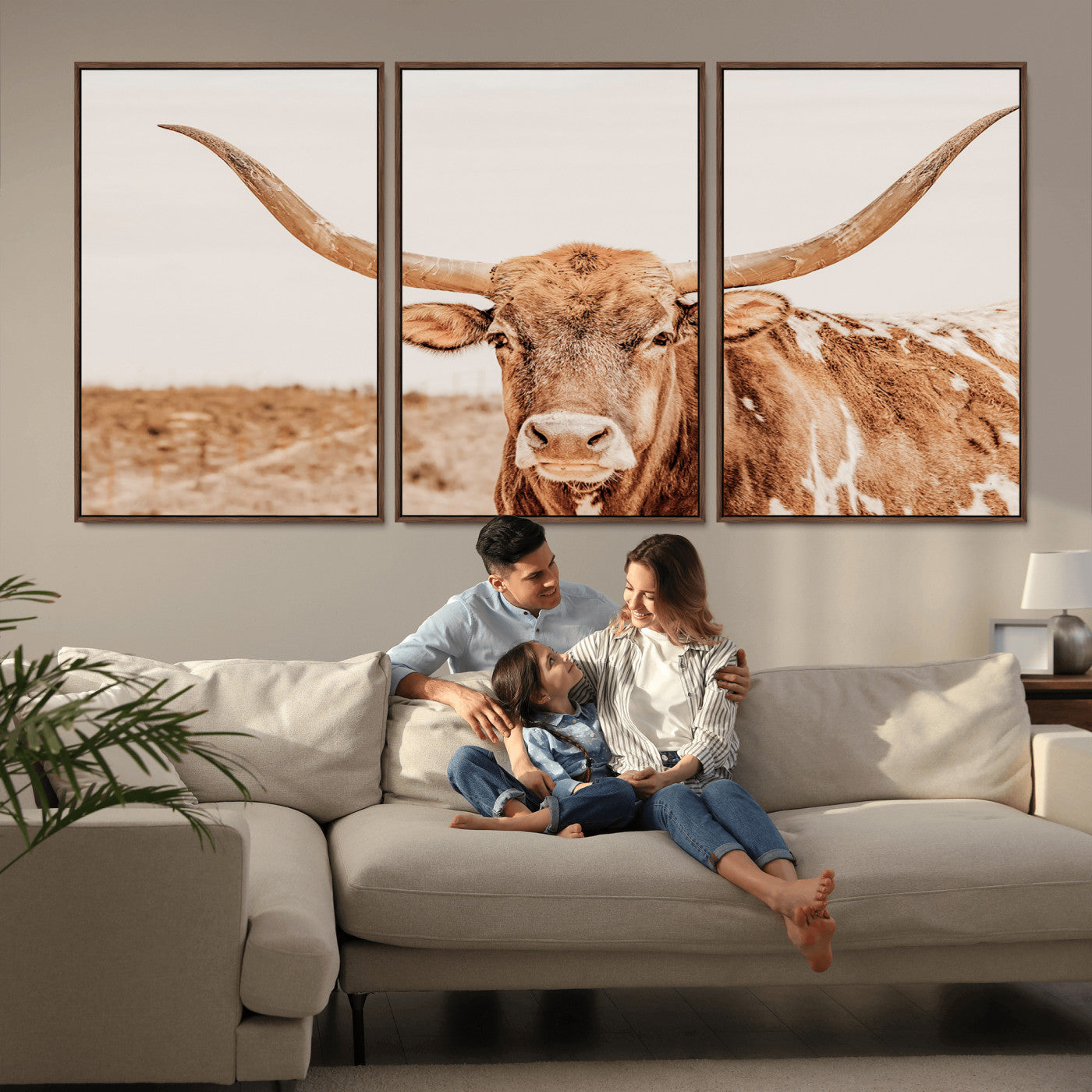 A longhorn bull standing proudly in a sunlit desert field with warm neutral tones, ideal for rustic western or farmhouse interiors.