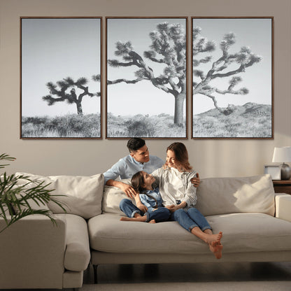 Black and white Joshua tree in a desert landscape with soft light and dry brush, perfect for rustic or minimalist home decor.