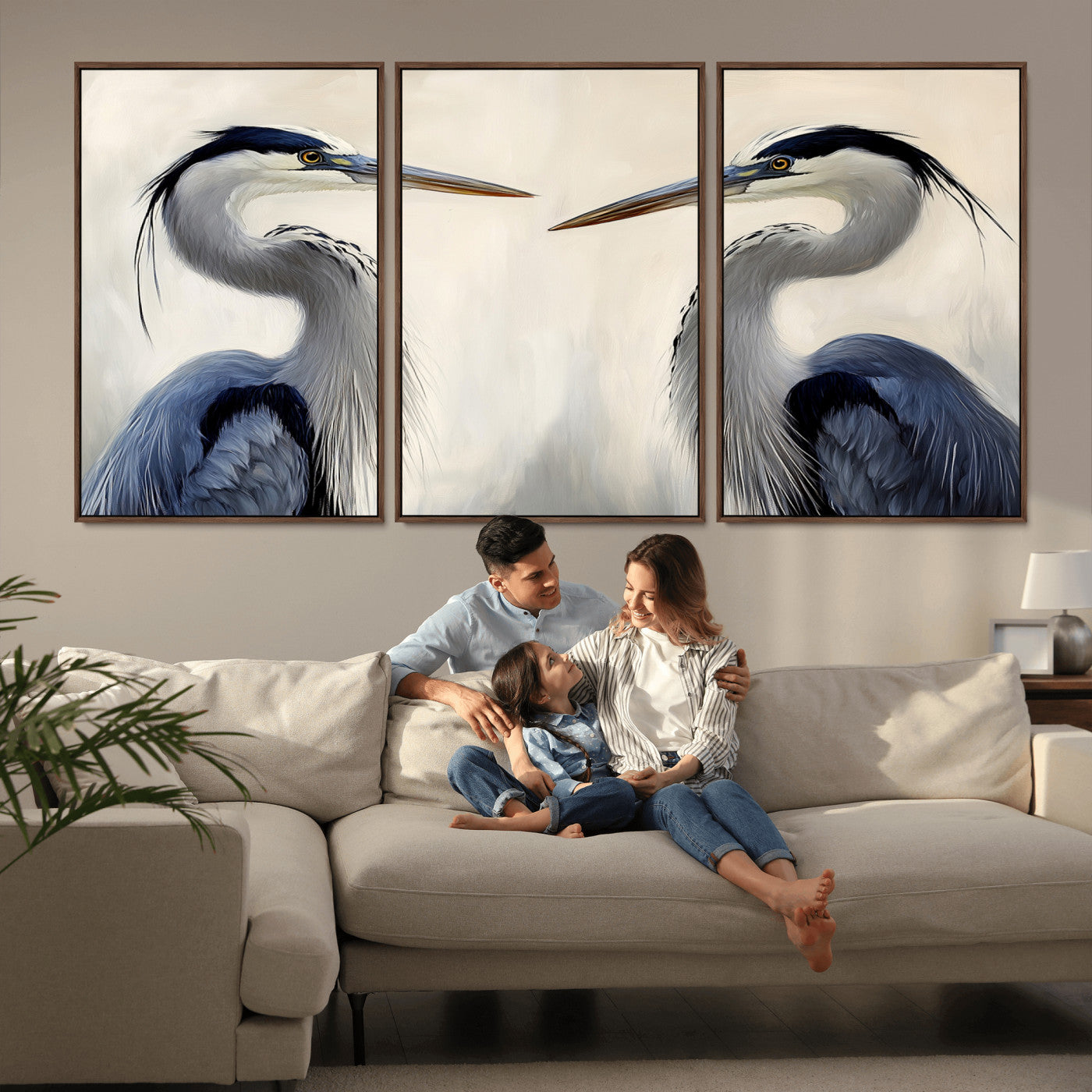 Two blue herons facing each other on a soft neutral background, ideal for coastal, tranquil, or nature-inspired minimalist interiors.