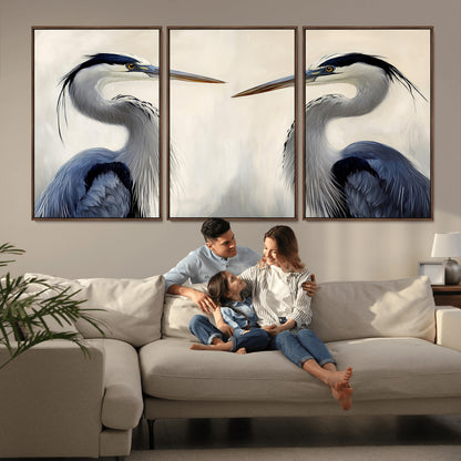 Two blue herons facing each other on a soft neutral background, ideal for coastal, tranquil, or nature-inspired minimalist interiors.