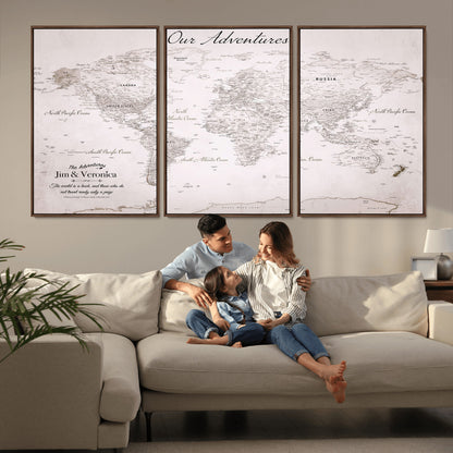 Customize Push Pin World Map Wall Canvas Print – Personalized Travel Map with Foam Pins – Framed Custom Quotie Canvas for Home Office Decor