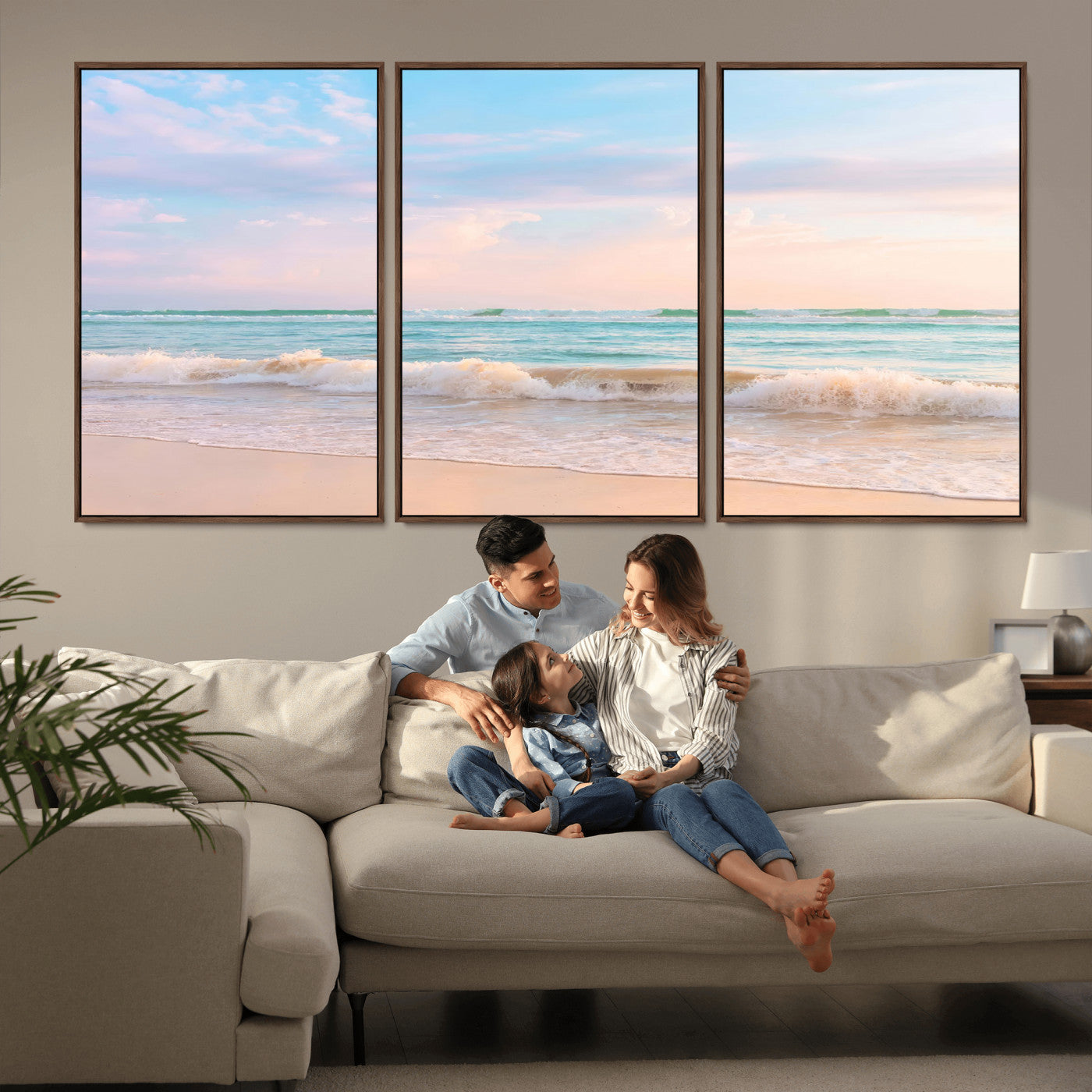 A peaceful beach scene with soft pastel skies, gentle waves washing up on the sandy shore, creating a calm and serene ocean view.