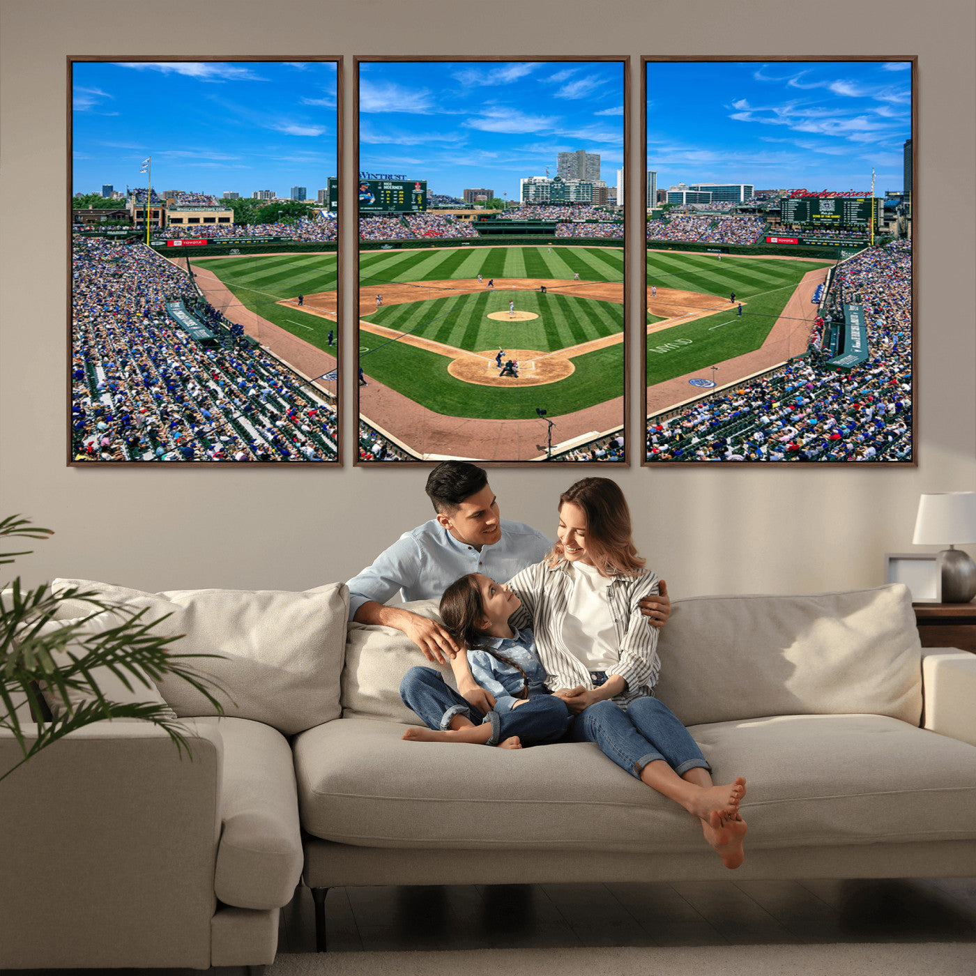 Wrigley Field Baseball Stadium Canvas Wall Art, Packed Crowd Sports Stadium Print, City Skyline Baseball Field Canvas for Game Room Decor