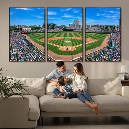 Wrigley Field Baseball Stadium Canvas Wall Art, Packed Crowd Sports Stadium Print, City Skyline Baseball Field Canvas for Game Room Decor