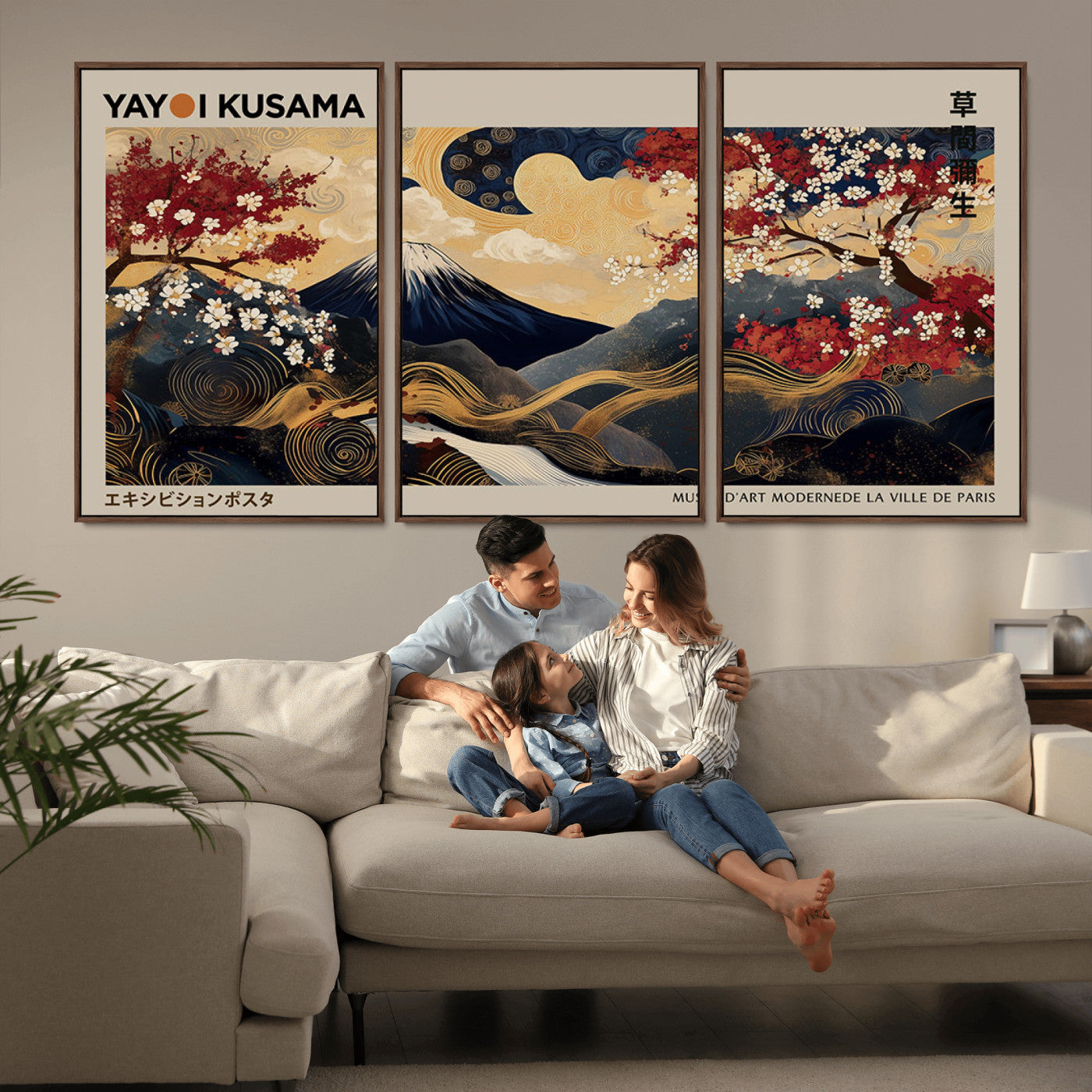 Yayoi Kusama's artwork featuring Mount Fuji, blooming cherry trees, and intricate swirls, blending traditional Japanese elements with vibrant color.