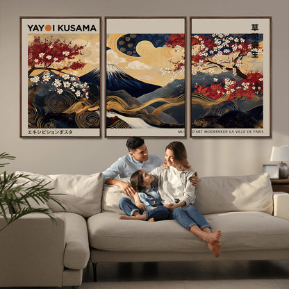 Yayoi Kusama's artwork featuring Mount Fuji, blooming cherry trees, and intricate swirls, blending traditional Japanese elements with vibrant color.