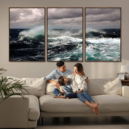 Powerful ocean waves crashing under stormy skies, creating a dynamic and intense seascape.