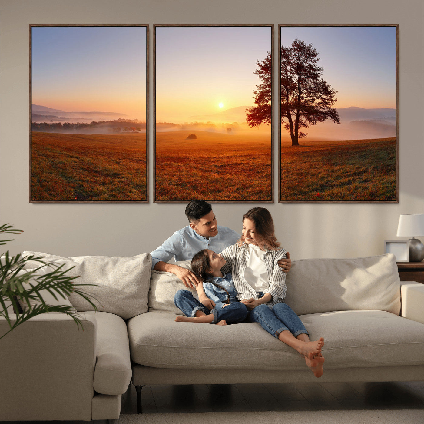 A tranquil landscape at sunrise with a mist-covered field and a lone tree, creating a peaceful and natural atmosphere.