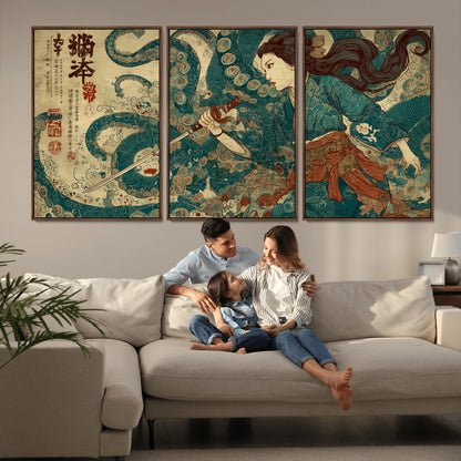 Tsukioka Yoshitoshi Samurai Wall Art Print, Japanese Katana Warrior Canvas Wall Art, Octopus Sea Monster Canvas Print,