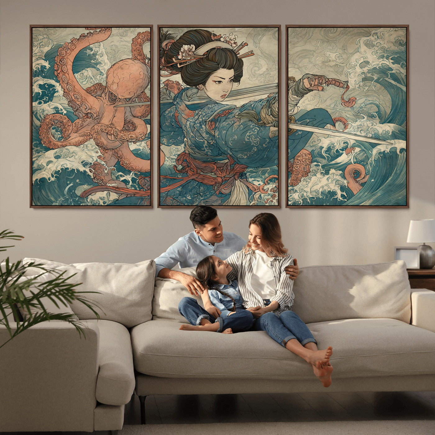 Tsukioka Yoshitoshi Samurai Wall Art Print, Japanese Katana Warrior Canvas Wall Art, Octopus Sea Monster Canvas Print,