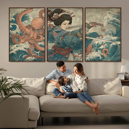 Tsukioka Yoshitoshi Samurai Wall Art Print, Japanese Katana Warrior Canvas Wall Art, Octopus Sea Monster Canvas Print,