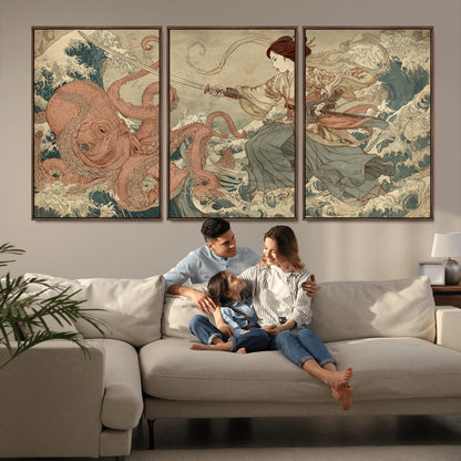 Tsukioka Yoshitoshi Samurai Wall Art Print, Japanese Katana Warrior Canvas Wall Art, Octopus Sea Monster Canvas Print,